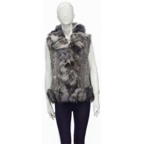Winter Fur Grey Genuine Ladies Knitted Rabbit Vest With Fox Trimming W05V01Grey